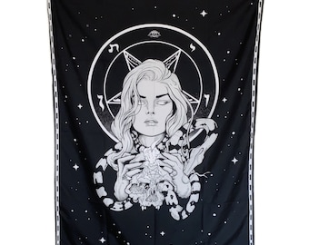 Gothic Witchy Tapestry, Occult Goddess Wall Hanging, Black White Pentagram Tarot Decor, Goth Art