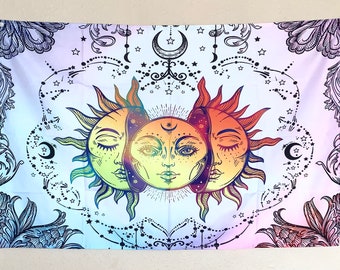 Sun Moon Tapestry, Colourful Celestial Wall Hanging, Witchy Bohemian Bedroom Art