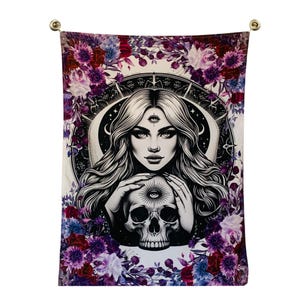 Mystical Third Eye Goddess Tapestry - Gothic Skull Wall Hanging - Boho Witchy Decor - Spiritual Wall Art - Colourful Floral Design - Gift