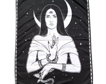 Mystic Moon Greek Goddess Tapestry Wall Hanging | Crescent & Snake Design | Witchy Gothic Celestial Décor, Black White Lunar Pagan Art Gift