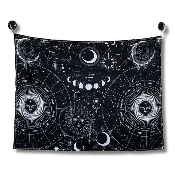 Celestial Zodiac Tapestry, Astrology Moon Phase Wall Hanging, Black White Constellation Space Star Decor
