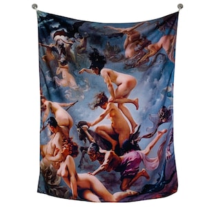 Witches Going to Their Sabbath Tapestry Wall Hanging – Luis Ricardo Falero Painting, Witchy Occult Gothic Home Decor, Spiritual Dark Art