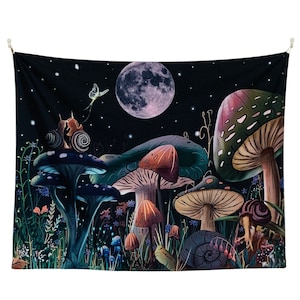 Psychedelic Trippy Mushroom Enchanted Forest Tapestry Wall Hanging Home Dorm Decor Snail Moon Blanket Throw Groovy Backdrop Spiritual Deco