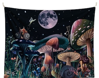 Mushroom Forest Tapestry: Psychedelic Snail Moon Wall Hanging
