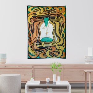Peter Behrens inspired Art Nouveau wall tapestry displayed in a bright modern room above a low table.