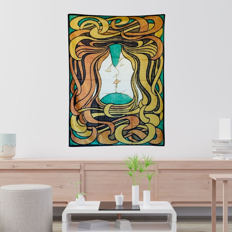 Peter Behrens inspired Art Nouveau wall tapestry displayed in a bright modern room above a low table.