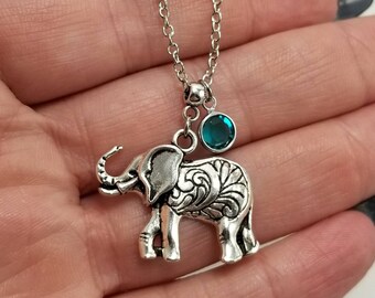 Elephant Necklace, Silver Elephant Necklace With Birthstone, Paisley Elephant, Elephant Jewelry, Elephant Birthstone Necklace