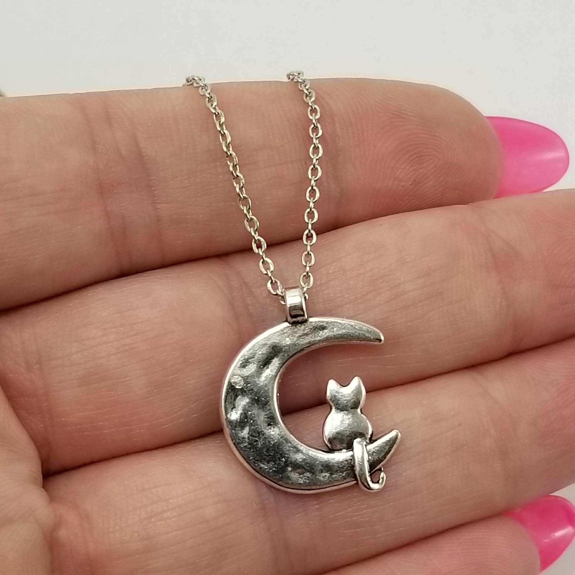 Cat on The Moon Necklace Cat Jewelry Cat Lovers Jewelry Minimalist Cat Jewelry Silver Cat Necklace Silver Cat On The Moon Pendant