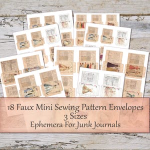 May include: A collection of 18 faux mini sewing pattern envelopes in 3 sizes, perfect for junk journals. The envelopes feature vintage-style illustrations of dresses and fashion sketches, with a beige and brown color scheme. The text on the image reads: "18 Faux Mini Sewing Pattern Envelopes, 3 Sizes, Ephemera For Junk Journals."