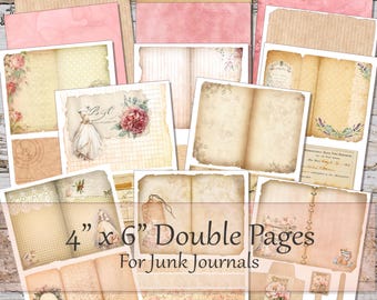 May include: A set of 12 double-sided pages for junk journals, featuring a vintage aesthetic with floral designs, lace, and handwritten text. Each page measures 4 inches by 6 inches.