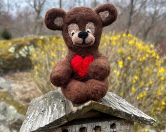 Woolaroos Wool Needle Felted Brown Teddy Bear with a red heart, one of a kind.  Felted Wool Brown Bear