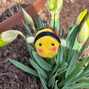 Woolaroos Wool Needle Felted Emotional Support Bumble Bee with Rosy Cheeks and a heart, one of a kind.