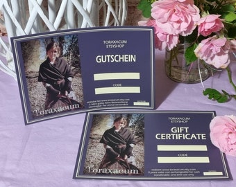 Gutschein für Shop Toraxacum, Geschenkgutschein, Voucher, Wertgutschein, Coupon, Geschenk für Sie, Geschenk für Ihn