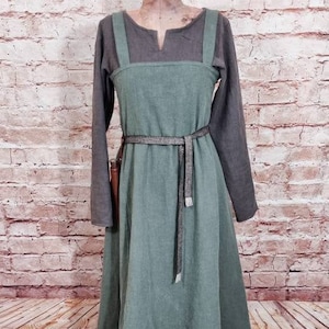 Viking apron dress linen olive, stone washed, overdress used look, medieval dress, Wiki apron, LARP, SCA, Toraxacum