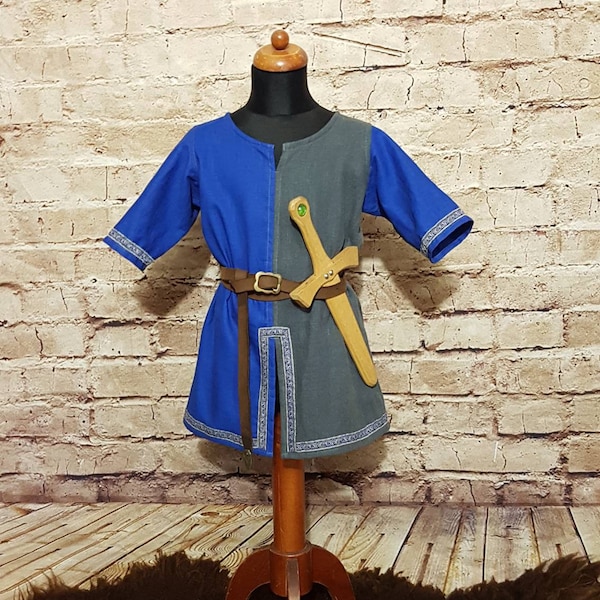 Tunika für Ritter und Wikinger, Mi Parti blau grau Tunika aus Leinen für Kinder, Cosplay, SCA, Toraxacum