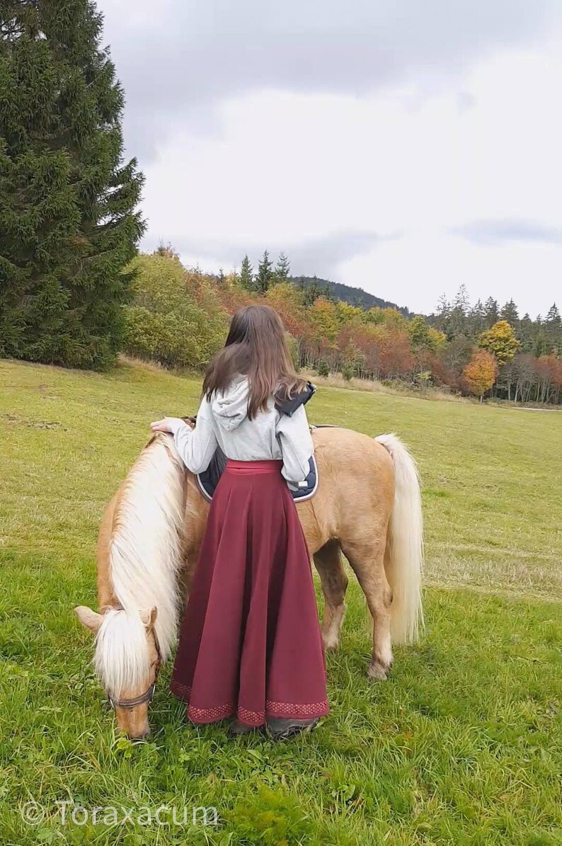 Riding skirt wool with border, wine red wrap skirt, long burgundy skirt, medieval garb, horse and rider image 10