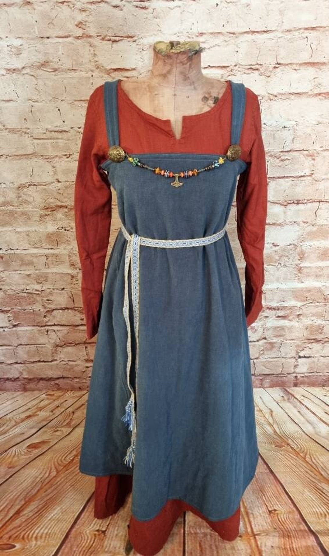 Grembiule in lino blu-grigio, stone washed, soprabito vichingo