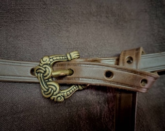 Vikingriem, smalle leren riem, bruin/messing of zwart/zilver
