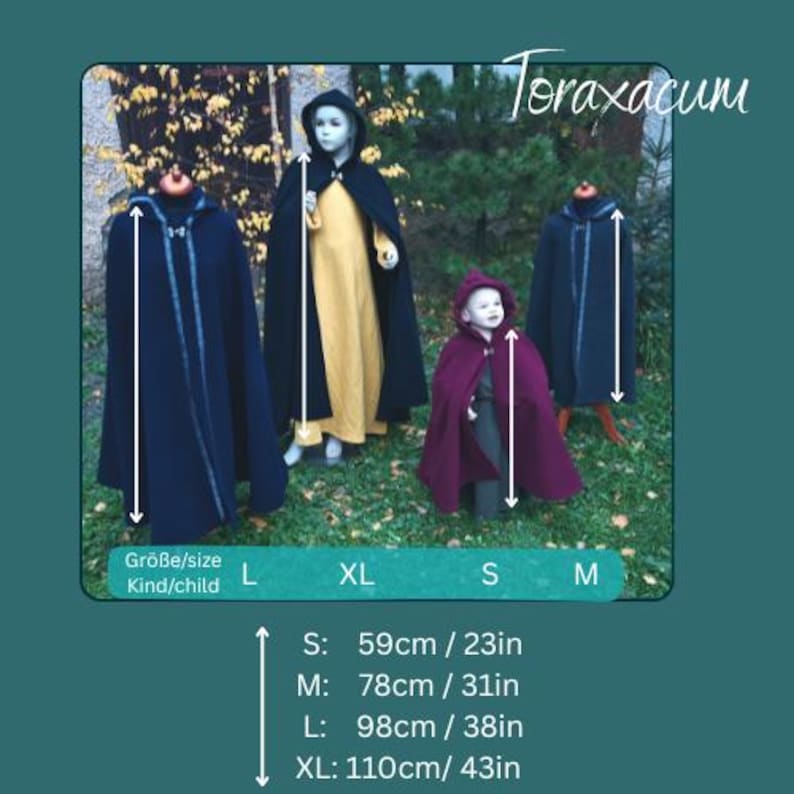 Black cloak for children, medieval cape with trim, elven cloak with hood, cosplay costume for children, ranger, Toraxacum image 4
