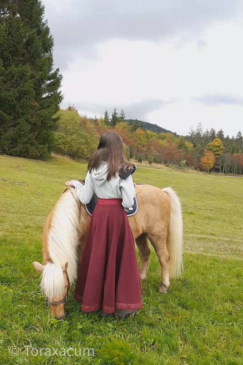 Riding skirt wool with border, wine red wrap skirt, long burgundy skirt, medieval garb, horse and rider image 6