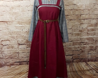 Viking linen apron dress, overdress burgundy, medieval dress, Wiki apron, LARP, SCA, Toraxacum