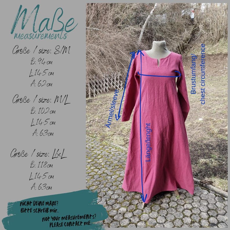 Op de afbeelding: Een rode linnen jurk met lange mouwen en een V-hals. De jurk wordt getoond op een mannequin en heeft maatvoeringen in centimeters voor de maten S/M, M/L en L/XL. De maten omvatten de borstomvang, de lengte en de mouwlengte.