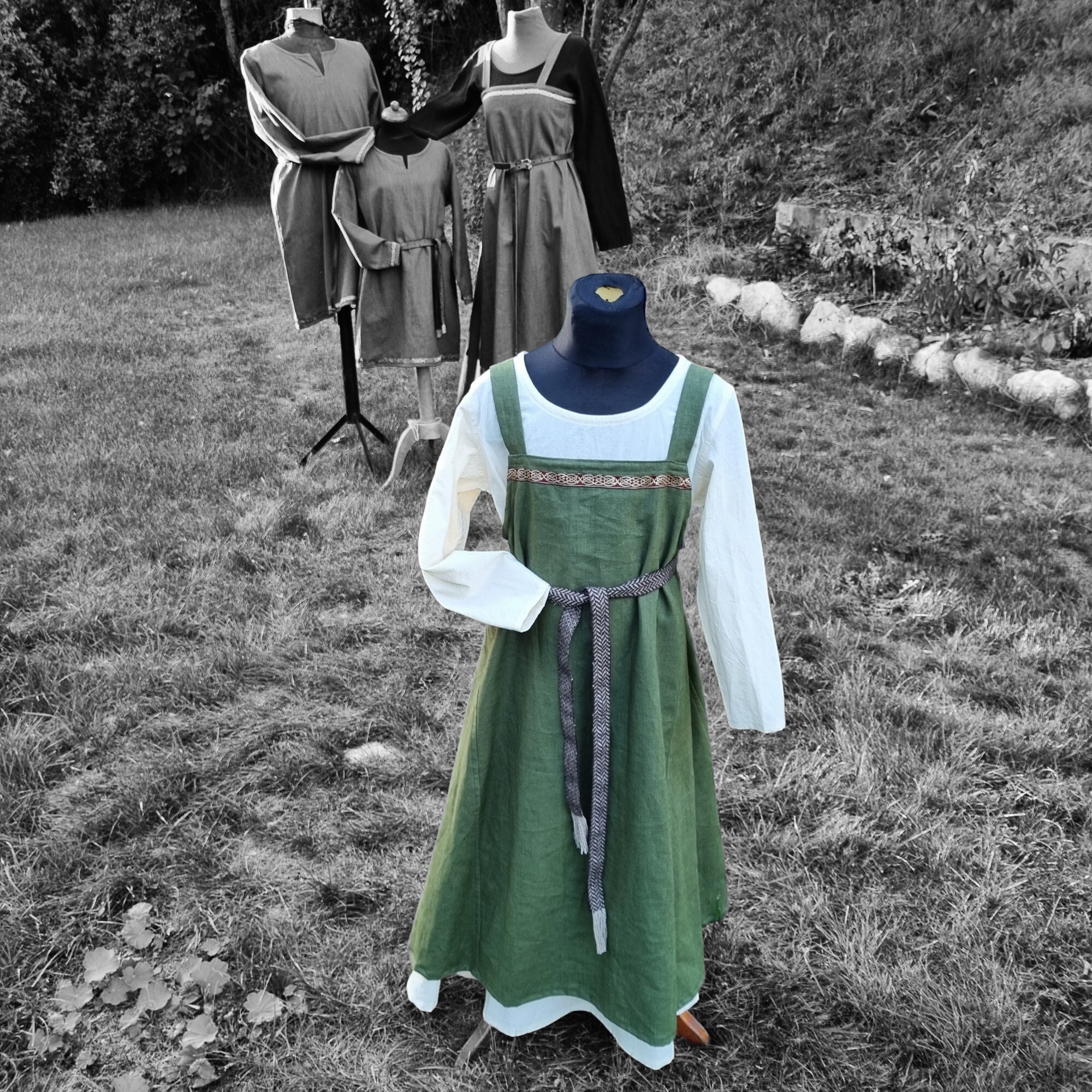 Linen Puffy Blouson Sleeve Ruffle Dress, Olive Green Victorian Linen Dress,  Oversize Cottagecore Aesthetics Dress, Vintage Girdle Dress 