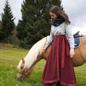 Riding skirt wool with border, wine red wrap skirt, long burgundy skirt, medieval garb, horse and rider image 2