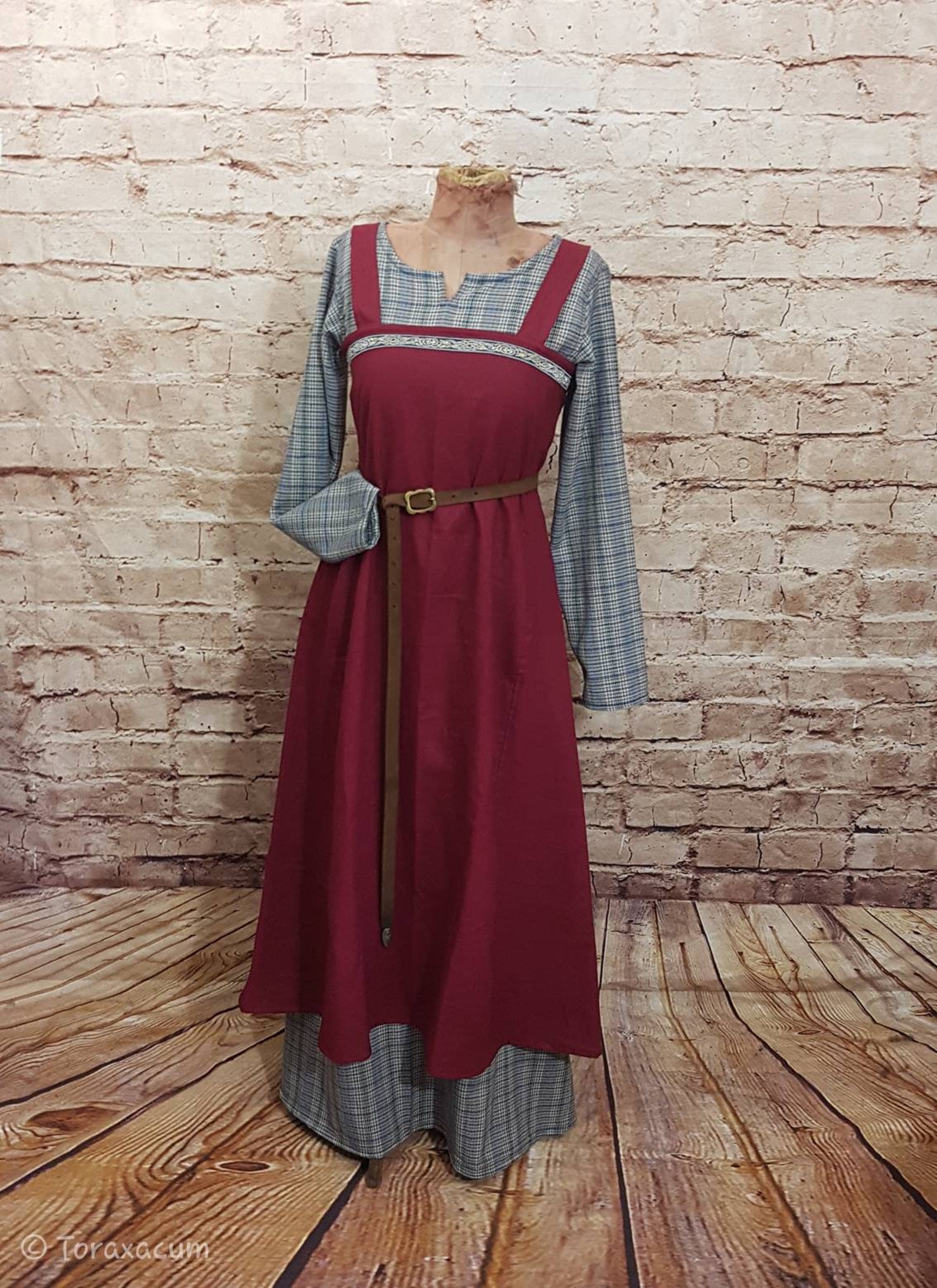 Viking linen apron dress overdress bordeaux medieval dress | Etsy