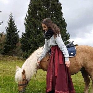 Riding skirt wool with border, wine red wrap skirt, long burgundy skirt, medieval garb, horse and rider image 9