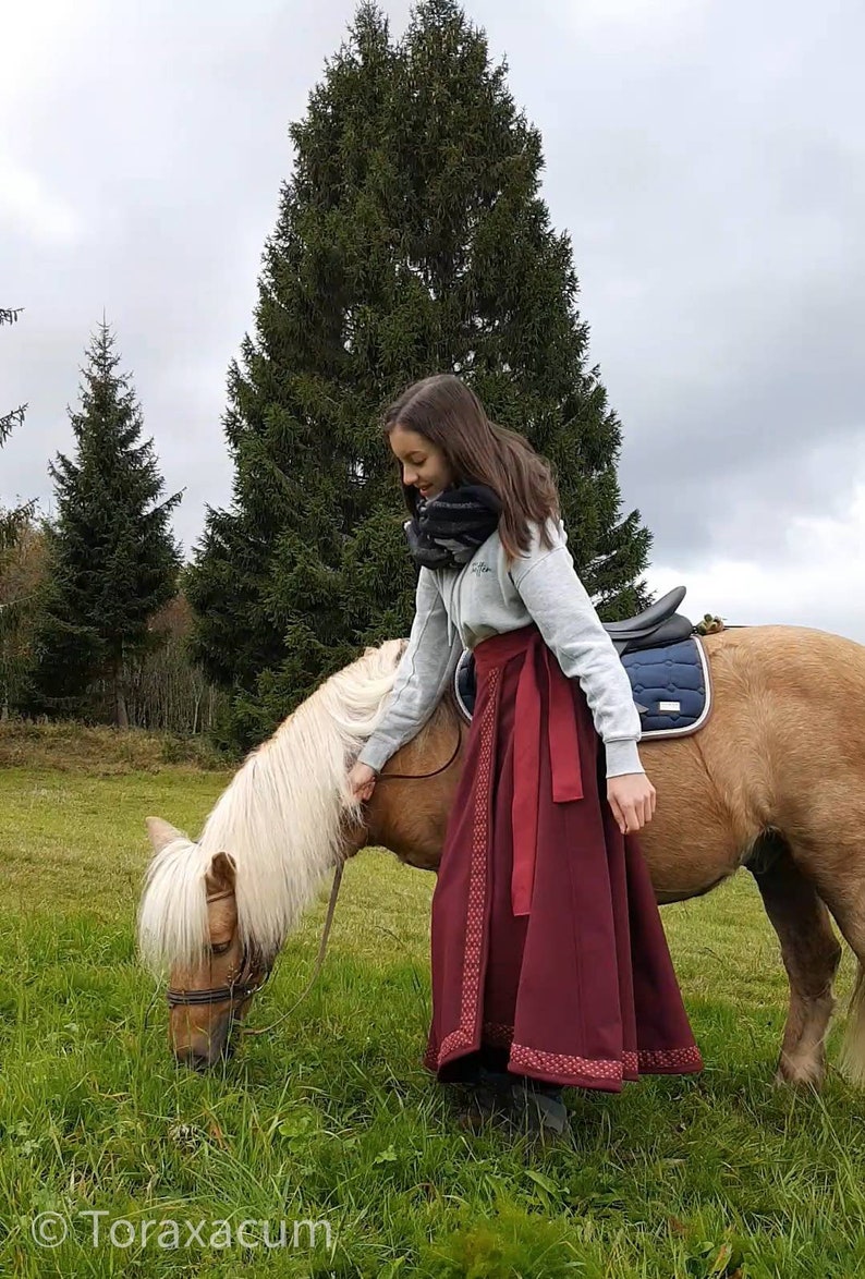 Riding skirt wool with border, wine red wrap skirt, long burgundy skirt, medieval garb, horse and rider image 9