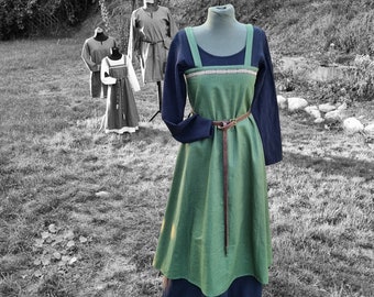 Green Viking linen apron dress, olive overdress, medieval dress, Wiki apron, LARP, SCA, Toraxacum