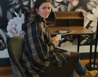 Poncho checked, cape wool blend check, cozy throw, Toraxacum