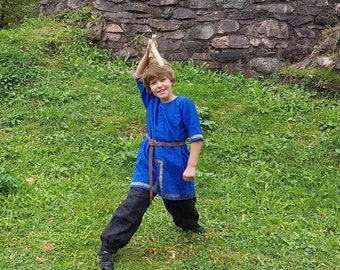 Blauwe tuniek voor kinderen, linnen tuniek middeleeuws, viking en ridderkostuum voor jongens en meisjes, Toraxacum