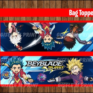 May include: A set of four printable bag toppers featuring characters from the Beyblade Burst anime series. The toppers are blue, red, and white with a black background. The text "Beyblade Burst" is featured on the bottom topper.
