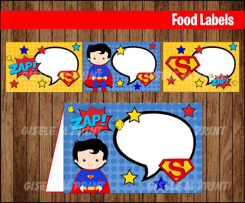 Superman Food labels Printable Superhero Food tent cards | Etsy