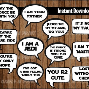 以下が含まれることがあります： スター・ウォーズをテーマにした、印刷可能なフォトブース小道具10個セット。小道具には、