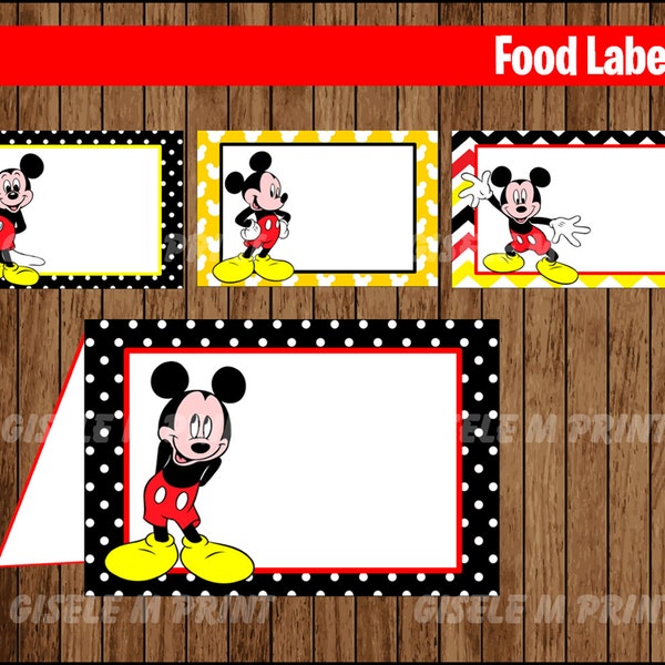 Mickey Mouse Food Labels, Printable Mickey Mouse food tent cards, Mickey party food cards instant download