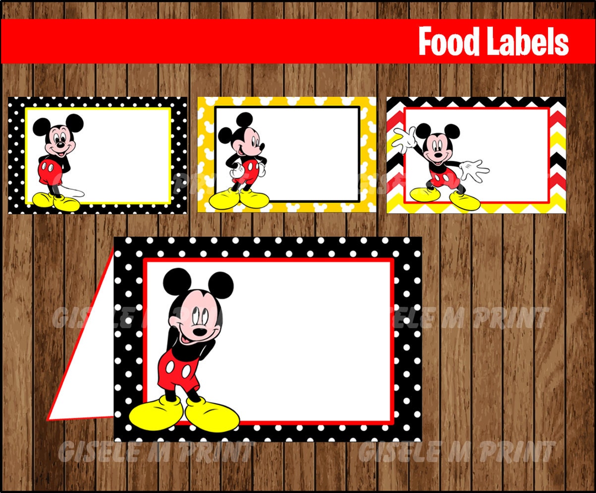 Mickey Mouse Food Labels, Printable Mickey Mouse food tent cards, Mickey party food cards instant download