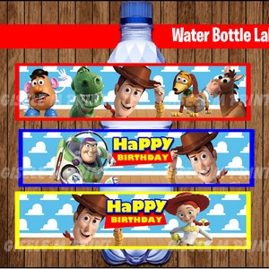 May include: Three printable water bottle labels featuring characters from the Toy Story movie franchise. The labels are blue, yellow, and red with white clouds and the text "Happy Birthday". The labels feature Woody, Buzz Lightyear, Jessie, Rex, Slinky Dog, and Mr. Potato Head.