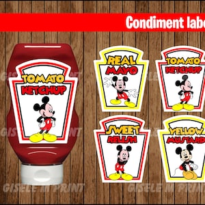May include: Four printable condiment labels featuring Mickey Mouse. The labels are red, yellow, and white with black text. The labels read "Real Mayo", "Tomato Ketchup", "Sweet Relish", and "Yellow Mustard".