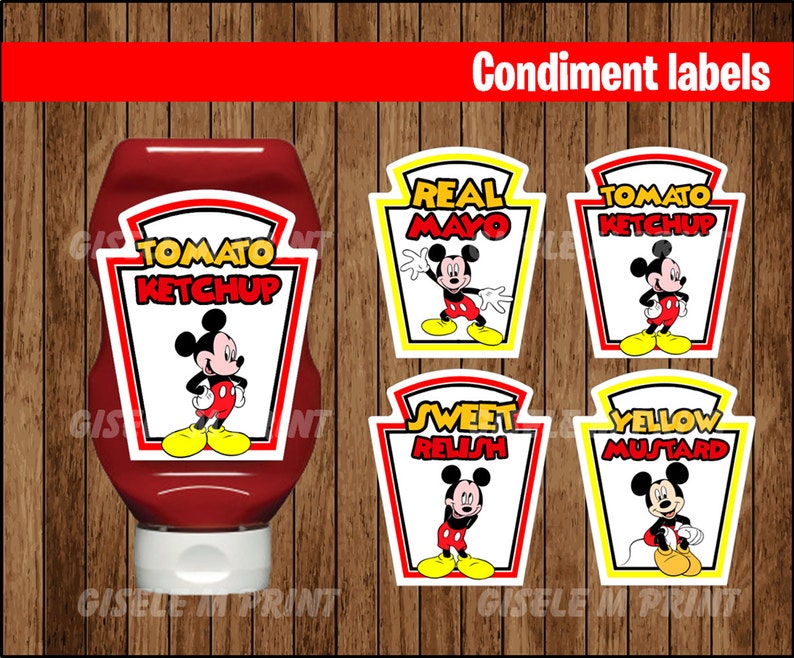 Mickey Mouse Condiments Label, Printable Mickey Mouse Condiments Label, Mickey party Condiments Label instant download image 1
