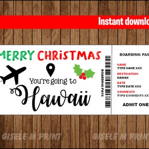 Hawaii Boarding Pass Christmas Gift Ticket, Surprise Trip, Getaway, Holiday, Flight, Printable Voucher, Editable, INSTANT DOWNLOAD