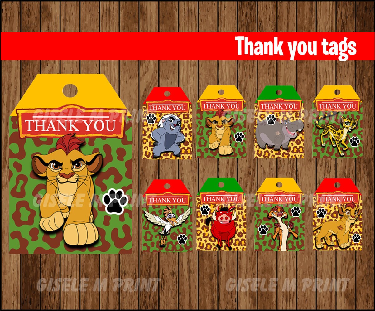 Thank You Card For Party Favor Bags or Gable Boxes Lion Guard PRINTED GIFT TAGS