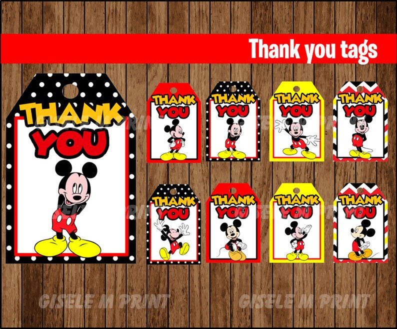 Mickey Mouse Thank You Tags Printable Mickey Mouse Gift Tags Etsy