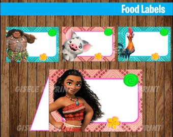 Moana voedseletiketten, afdrukbare Moana voedseltentkaarten, Moana feestvoedselkaarten direct downloaden