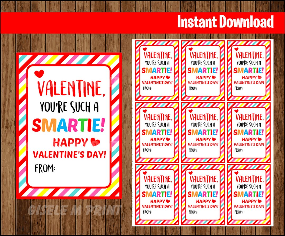 Smartie Valentine Cards, Smartie Valentines Exchange Card, Printable Valentine Card, INSTANT ...