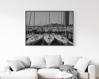 Zeilbootfotografieprint: nautische zwart-witte muurkunst