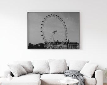 London Print, Black and White London Eye Photograph, Monochrome London Landmark Print in Black and White, London Eye Ferris Wheel Souvenir