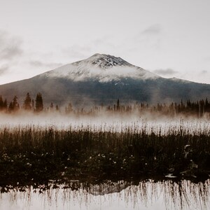 A photograph of Mt. Bachelor at sunrise with trees and fog in the foreground